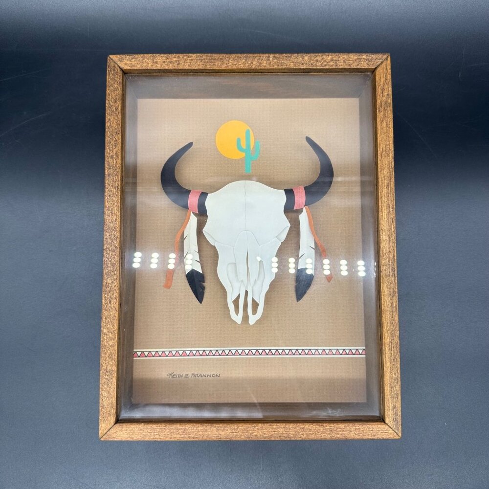 Vintage Paper Sculpture Southwest Shadow Box Art Keith E Brannon Bull Skull - Picture 2 of 9